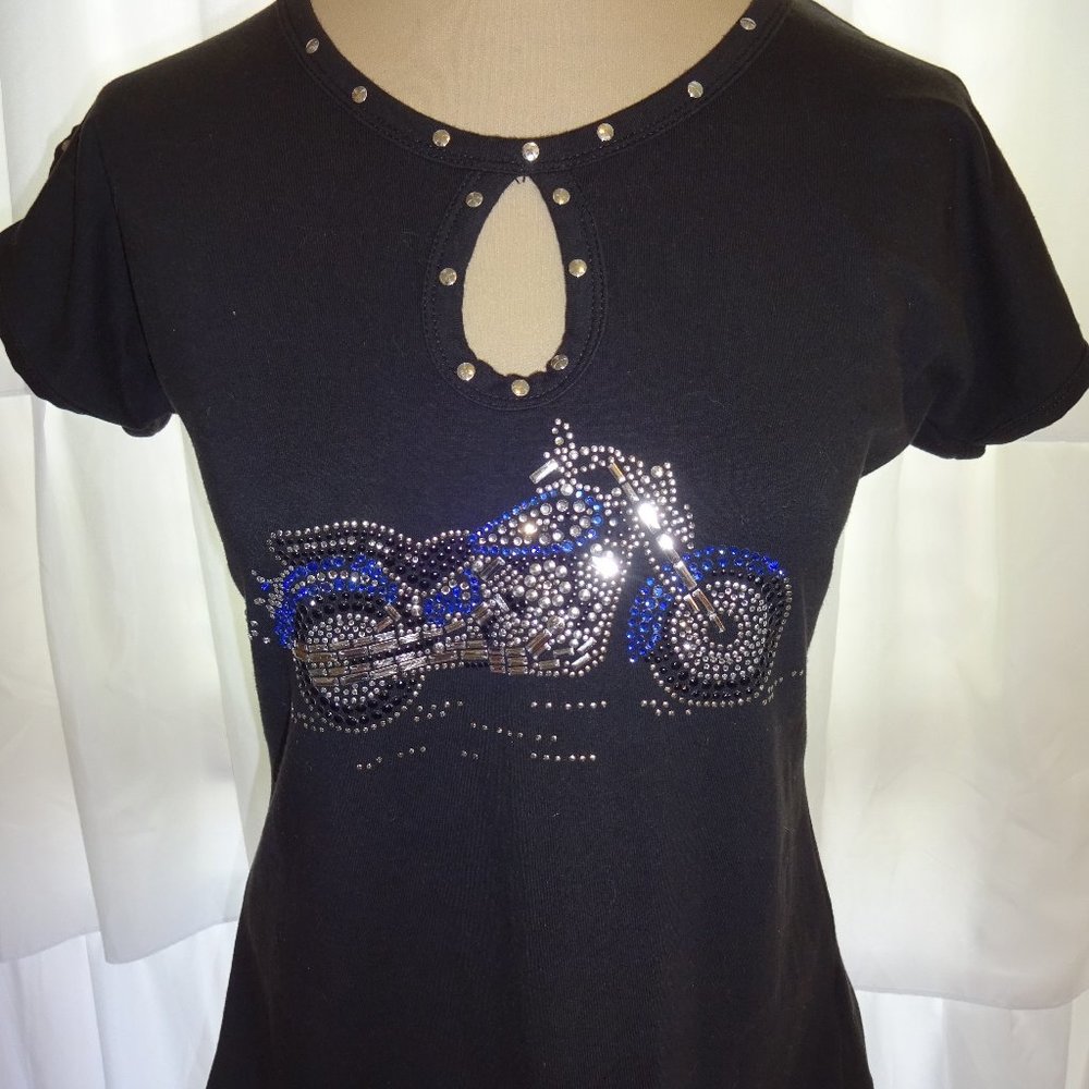 Black Sports Gallery Top Shirt S M Rhinestones Studded Motorcycle Biker Riding